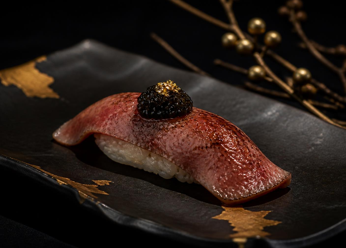 Wagyu nigiri with uni and caviar